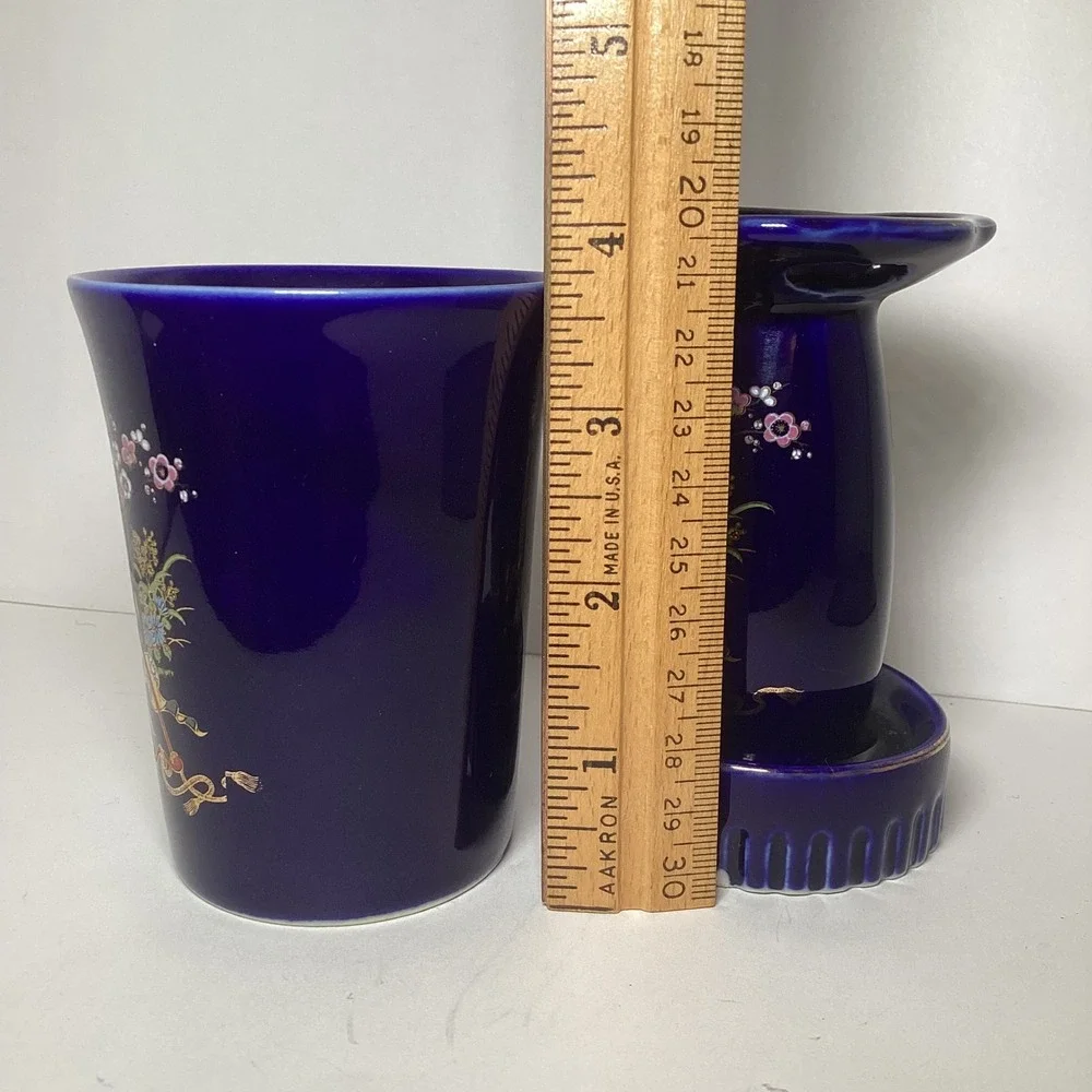 Vintage Cobalt Blue Japanese Porcelain Vanity Set Rickshaw Floral Tumbler Holder